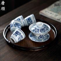 Tang Shun Imitation Ancient Green Flower Cover Bowl Tea Cup Home Tea Drinking Large Number Three Talents Bowl Tea Leaking Public Cup Tea Cup Kung Fu Tea Tea