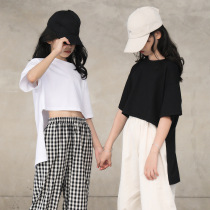 Korean childrens clothing large and medium-sized girls front short back long T-shirt summer 2021 new loose irregular T-shirt top ins