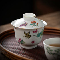 Zheming hand-painted peach blossom bowl Jingdezhen pastel flower tea bowl ceramic gongfu tea set household set