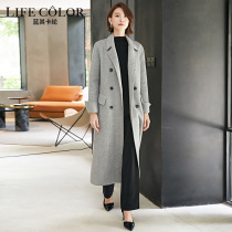 Pure wool double-sided woolen coat womens long knee 2020 autumn and winter gray double-breasted suit collar tie belt slim