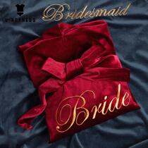 Golden velvet nightgown Womens autumn and winter bride morning gown Bridesmaid wedding bathrobe Medium-long womens spring and autumn wedding pajamas