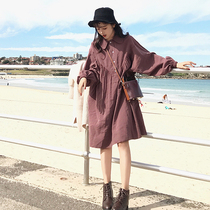 2021 autumn new fresh literary style doll shirt pregnant woman dress lapel lantern sleeve loose Medium-length dress