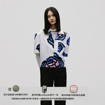 Moss new C PLUS 21 spring summer blue hand-painted printed white cotton short sleeve polo collar short shirt