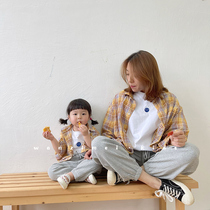 SASAs meatball sister parent-child mother-daughter casual thin linen and cotton plaid long-sleeved shirt can be used as a sunscreen jacket