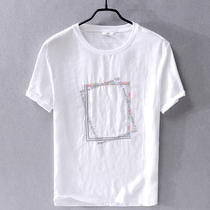 Summer hipster cotton linen short sleeve T-shirt mens round neck embroidered lettering casual thin linen white top ins tide