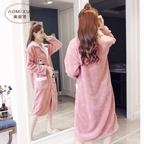 Coral velvet pajamas womens winter gowns thickened autumn and winter ladies lovely flannel bathrobe home wear long small lapels