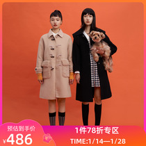 LILY winter new womens clothing full wool contrast color horn buckle stitching pocket camel color H-shaped woolen coat