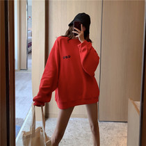 Cool trend womens dark 2019 new plus velvet thickened sweater winter without hat round neck loose ins net red