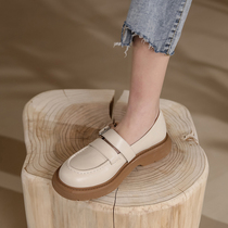 Shallow Mouth Single Shoes Woman 2022 Spring new Inn Wind Thick Bottom Round Head Pine Pastry Small Leather Shoes Casual Genuine Leather Lefu Shoes