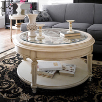 French ivory white wood coffee table simple modern Oak living room round glass coffee table Villa club furniture