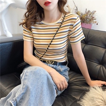 Short sleeves Women Summer 2021 new Korean version Slim Striped Round Collar T-Shirt Design Sensation Little Crowd Comfort 100 lap