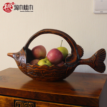 Chinese solid wood fruit plate tea table ornaments living room creative accessories home key storage plate retro practical fruit plate