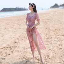 New couple one-piece swimsuit female conservative two-piece small chest gathering floral gauze dress Hot Spring Beach Resort