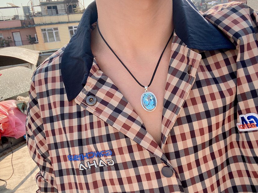 Black hand original design Greek key handmade silver pendant aquamarine topaz fairy spirit pervades retro