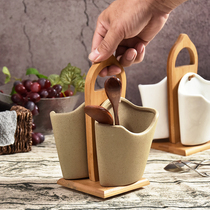 Creative Japanese bamboo and wood ceramic chopstick tube Household double barrel shelf Hanging chopstick cage Kitchen tableware spoon storage