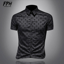 European station printed short sleeve shirt male Korean version sashimi shirt summer new boarder business turtlenect blouse