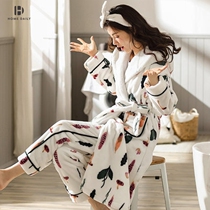 Coral Suede Pajamas Womens Winter Thickened even cap sweet and cute long Bath Robe Sleeping Robe Flannel Flannel for womens autumn and winter