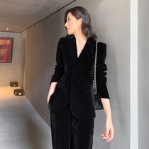 Japanese black suit suit womens autumn 2020 Korean version of the British style Gold Velvet fashion small suit two-piece suit