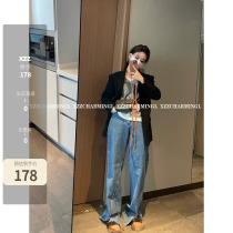 Xzz again came to ji pinty pants light blue open fork tooling straight cylinder loose high waist jeans Womens spring autumn 2021