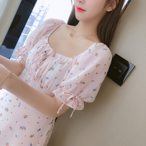 Summer dress new bubble sleeve temperament goddess fan floral dress design sense niche gentle style chiffon dress