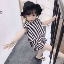Girl Trendy Suit 2022 Ocean Gas Summer New Kids Casual Striped Short Sleeve Shorts Two Sets of 3 Children