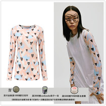 Moss new C PLUS 21 spring summer pink heart-shaped printed round neckline with 100 lap elastic hit bottom T-shirt