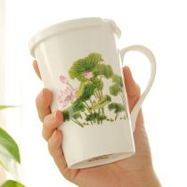 Ceramic water cup with lotus pattern ceramic water Cup Chinese style lotus retro bone porcelain cup household with lid with spoon female mug