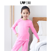 Three guns underwear childrens autumn and winter elastic medium and thick cotton round neck girls warm cotton sweater autumn clothes autumn pants suit