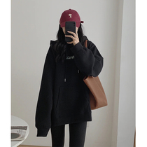 Black little man hooded couple sweater clothes female spring and autumn thin design sense niche oversize top tide ins