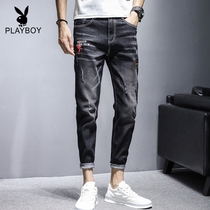 Playboy nine-point jeans mens trend brand slim-fitting small feet summer thin fashion perforated eight-point Niuzi mens pants