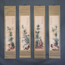 Retro antique Chinese painting old silk cloth framed quadruple mural hand-painted calligraphy and painting has been framed painting green bamboo pleasant