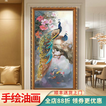 Hand-painted peacock oil painting European porch vertical version hanging painting animal carp corridor American corridor aisle decorative mural