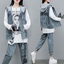 2020 Spring and Autumn New Korean fashion large size womens fat mm Belly Belly loose foreign atmosphere thin t-shirt denim suit