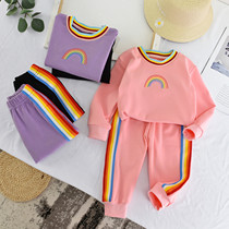 Girl Spring Autumn Clothes Foreign Air Suit 2020 Han Edition Children Rainbow Long Sleeves Long Pants Two Sets Women Baby Autumn Clothing Tide