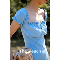 MICHELLLYMO French style square collar retro high waist Skinder slim short sleeves Lotus Leaf Lace Knit Dress Woman Summer