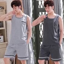 Sleeveless vest pajamas mens summer cotton loose plus size middle-aged can wear Korean version of thin home clothes set