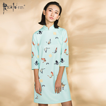 RECLUSE Butterfly Chinese style design butterfly positioning print dress three-quarter sleeve improved cheongsam