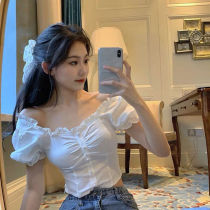  Bubble sleeve short top Womens summer design sense niche slim square collar short-sleeved shirt Solid color casual shirt