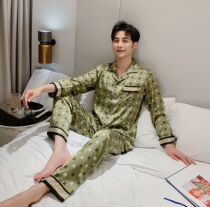 Spring new mens pajamas long-sleeved trousers Satin silk suit plus size fashion casual ice silk home wear