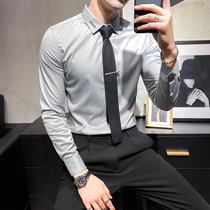 White shirt male long sleeve Han version swarm Inron wind suit beating undershirt neckline embroidery trendy men lining clothes