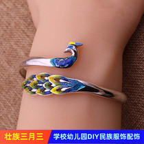 Guangxi Ethnic Minority Wind 7 Colorful Peacock Slim Silver Bracelet Ring Sending Classmates Girlfriends Jewelry Crafts Handmade Accessories