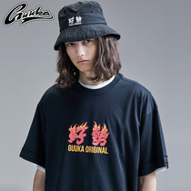 Guuka black t-shirt mens short-sleeved tide brand youth hip-hop sports Fujian wind cultural shirt five-point sleeve T-shirt loose