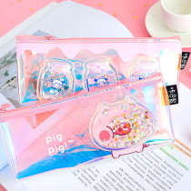 Primary school pupil pencil bag cute pink girl heart pig pig laser pencil bag female ins tide Japanese creative personality funny Net red sand simple art transparent stationery box into oil pen bag wholesale