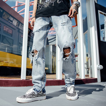 High Street washed old beggar hole jeans slim pants men and women Hip Hop Rock side zipper kanye