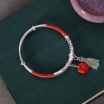Handmade Custom Pure Silver Bracelet South Red Pendant Pure Silver Flow Su National Wind Festival Rope Foot Silver push-pull Female Bracelet