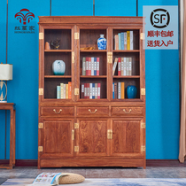 Mahogany three-door bookcase bookshelf hedgehog red sandalwood Chinese style solid wood combination bookcase Rosewood storage rack book locker