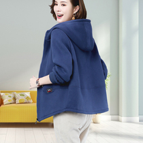 Hooded sweater coat womens short spring and autumn 2021 New loose size foreign mother plus velvet cardigan top