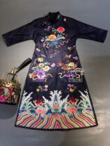  Cloud decoration totem original design womens dress ethnic style hand-embroidered silk satin long-sleeved Chinese robe