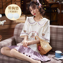 Bring your own chest cushion pyjamas women summer sleeping dress female summer student Korean version cute sexy big code free from wearing bra dress