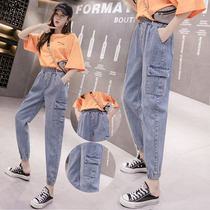 2020 Summer New Tightness Jeans Long Pants Down Pants Casual Pants Loose Slim Kharen Pants Large Pocket High Waist